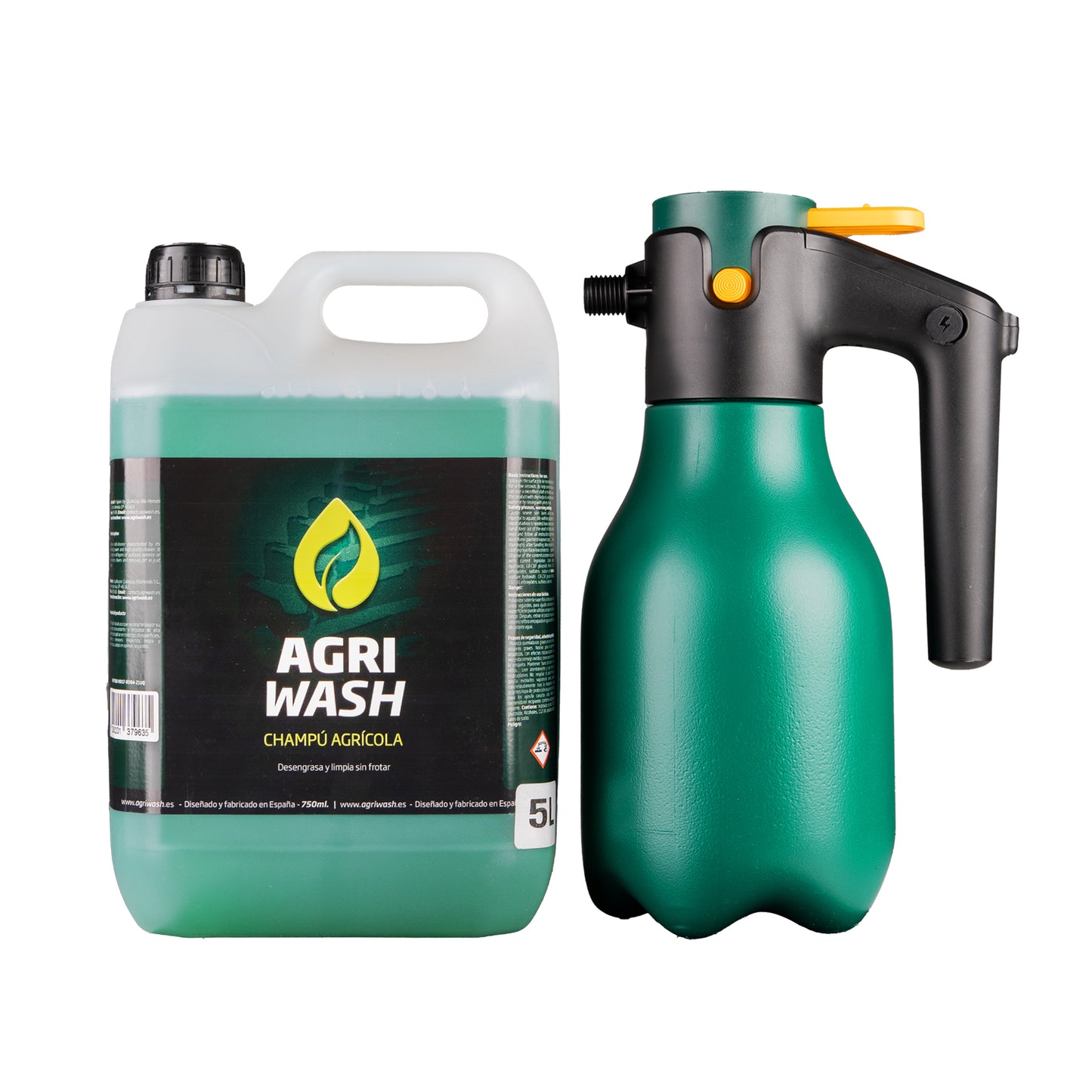 La foto del catálogo del Kit Agriwash, que consiste en una garrafa de 5 Litros de limpiador agrícola Agriwash y un pulverizador eléctrico
